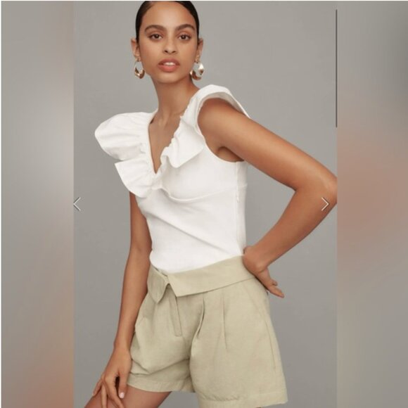 NWT Anthropologie | Dolan | White Knit Ruffle V-Neck Preppy Neutral Top, XL - Picture 1 of 11